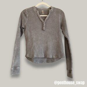 Grey Mono B Mineral Washed Waffle Knit Henley Long Sleeve, Size S